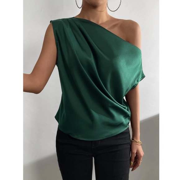 Dark Green Satin Draped Asymmetrical Blouse Top - Picture 4 of 12